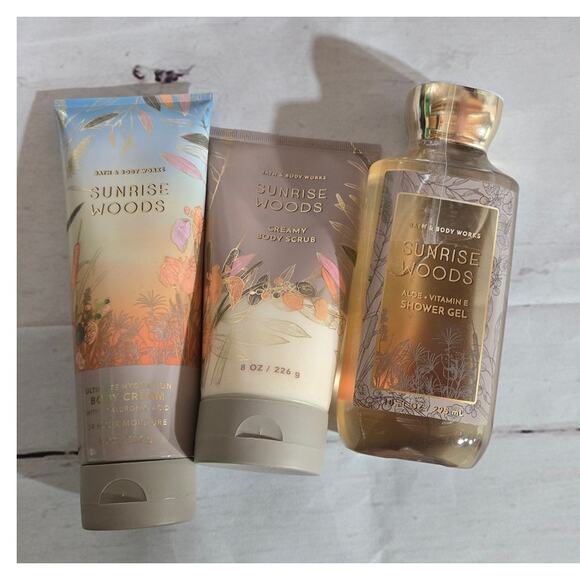 NEW! Bath & Body Works Sunrise Wood Body Lotion, Cream, Scrub Fragrance Mist 3pc - Picture 1 of 2